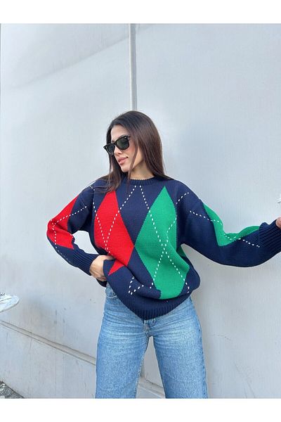 Puella Pulover de damă cu imprimeu Argyle bleumarin - Twin verde și roșu, dungi albe