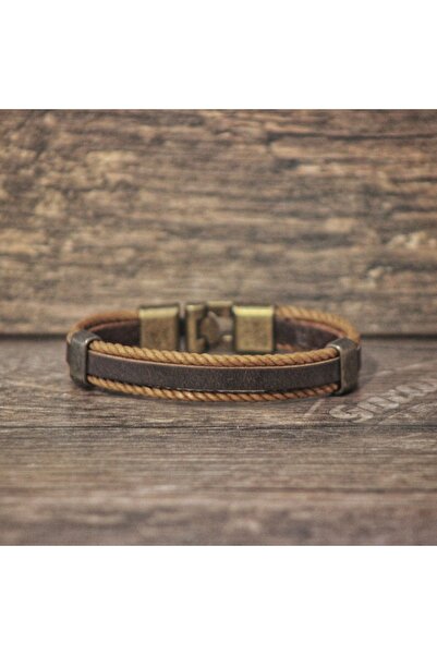 matleather Çift Halatlı Gerçek Deri Bileklik - Kahverengi