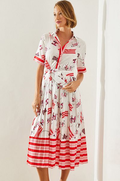 Bianco Lucci Women's Pleated Short Sleeve Dress with Shirt Collar and Belt - Rider Pattern 22157 60251602