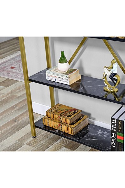 UmkaHome GOLD Metal Kitaplık 5 Raflı Siyah Mermer Desenli Altın Kitaplık