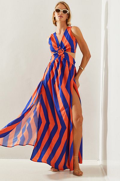 Bianco Lucci Back Low-cut Striped Women's Dress - Kiloş Cut, Slit Detail, Tie-up - 22217 60251496