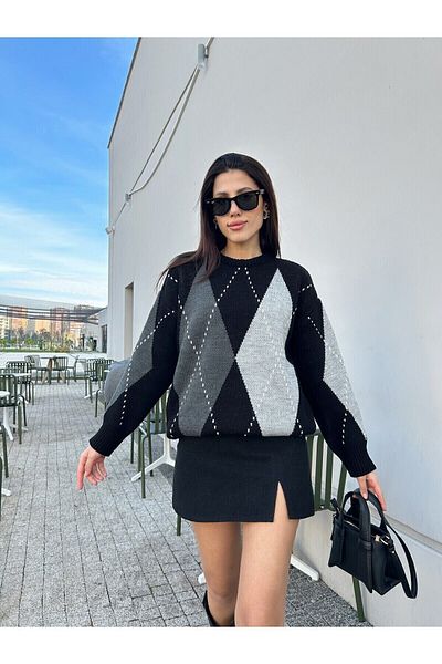 Puella Pulover de damă cu imprimeu Black Argyle - decolteu, gri deschis și dungi duble albe