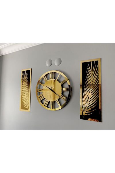 Tooall Aynalı Pleksiden 3 Parçalı Palmiye ve Vip Saat Duvar Dekor Seti