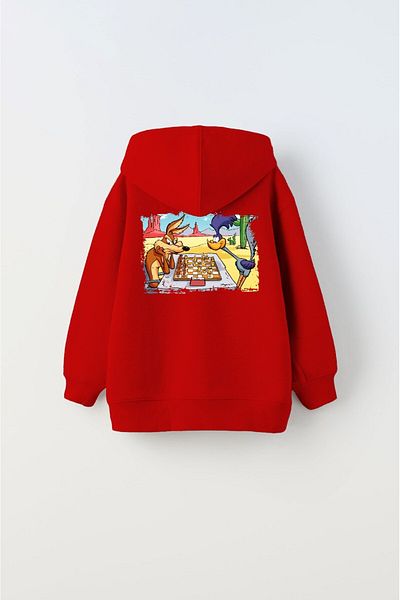 The Champ Clothing Hooded Inside Fleece Chess Cartoon Printed Red Unisex Kids Hoodie Sweatshirt