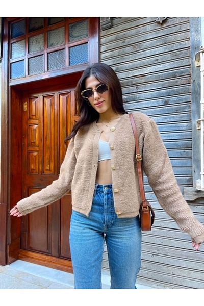 Puella Femei - Cardigan din tricot de pluș cu nasturi aurii, culoare cămilă
