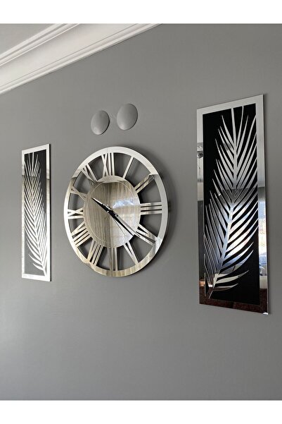 Tooall Aynalı Pleksiden 3 Parçalı Palmiye ve Vip Saat Duvar Dekor Seti