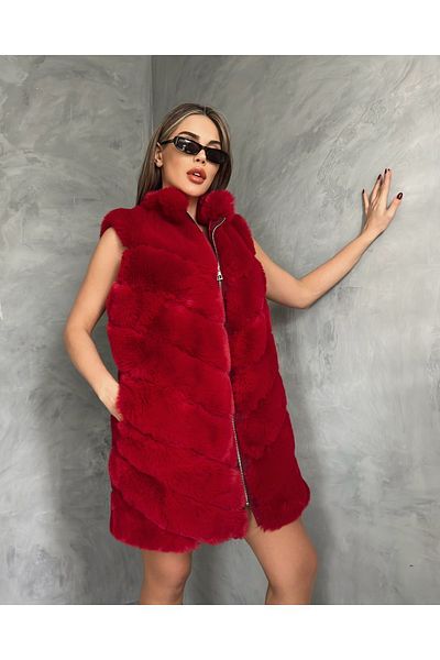 ByRanaBuyuk Red Cut Sleeve Fur Vest