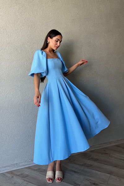 Seda Yalçın Atelier Rochie Ernest Midi albastră cu mânecă cu balon