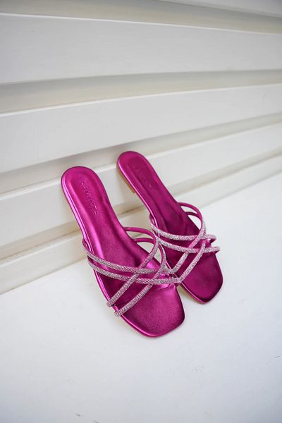 LAMİNTA Fuchsia Ress Women's Slippers - Cross Lace and Stone Detail