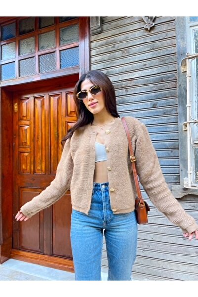 Puella Γυναικεία - Ζακέτα με χρυσό κουμπιά Crew Neck Teddy βελούδινη πλεκτή ζακέτα, χρώμα Camel