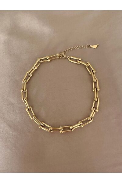 emy by emel luxury silver jewelry Çelik Halhal Yoncalı Yassı Zincir Altın Kaplama