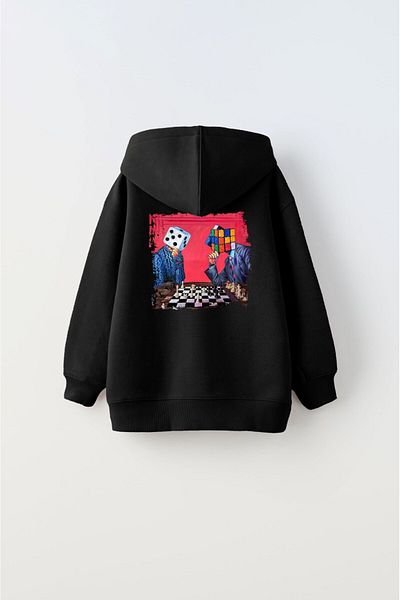 The Champ Clothing Детски унисекс суитшърт с качулка и полар с щампа на шах, черен