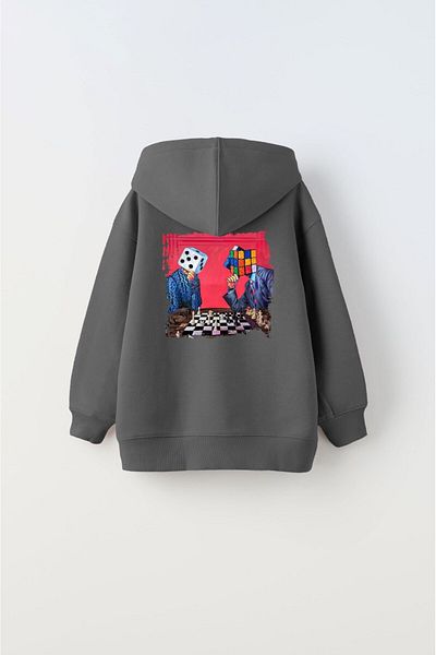 The Champ Clothing Детски унисекс суитшърт с качулка и полар с щампа на шахматни фигури