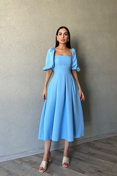 Seda Yalçın Atelier Rochie Ernest Midi albastră cu mânecă cu balon