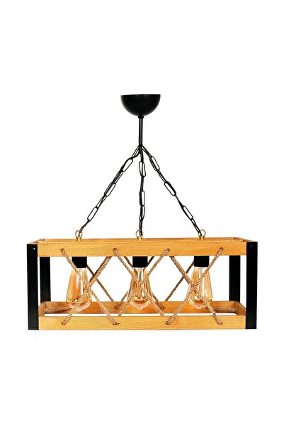 GDE Tasarım Üçlü Kafes Avize, Ahşap Gövdeli, Metal Detaylı, Halat Örgülü