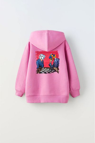 The Champ Clothing Унисекс детски суитшърт с качулка и полар с щампа шах, розов