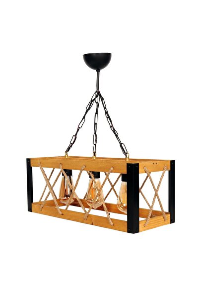 GDE Tasarım Üçlü Kafes Avize, Ahşap Gövdeli, Metal Detaylı, Halat Örgülü