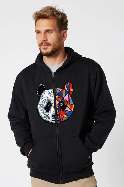 OFFSIDESIGN Μαύρη ζακέτα Panda με στάμπα Unisex - Κουκούλα με φερμουάρ, πολύχρωμο μπουφάν