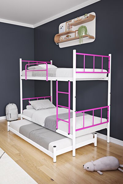 FANO Tekno Yavrulu Ranza 90x200 Yatak Uyumlu 3 Kişilik Koyu Pembe Metal Ranza Karyola