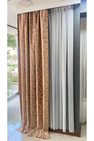 MÇ HOME Hazır Dikilmiş Kahve Pembe Desenli Fon Perde