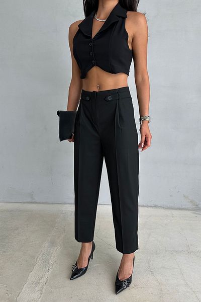 Ortaya Çık Pencil Fabric Black Trousers - Double Epaulet Detailed