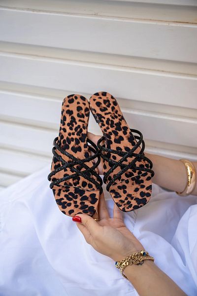 LAMİNTA leopard Patterned Stone DeTailed Ress Women's Slippers - Cross Tied