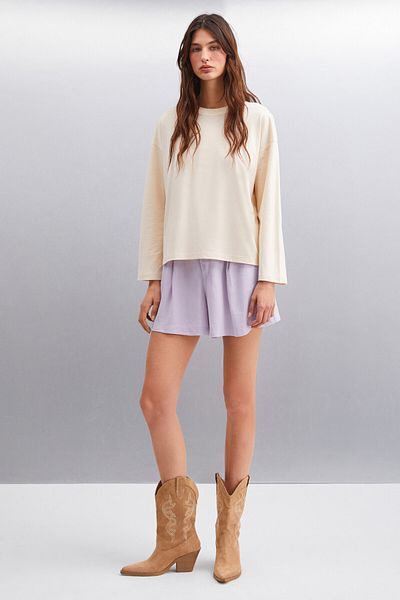 GRIMELANGE Basıl Damen – Beigefarbenes Oversize-T-Shirt, 100 % Bio-Baumwolle, Rückendruck-Detail, lange Ärmel
