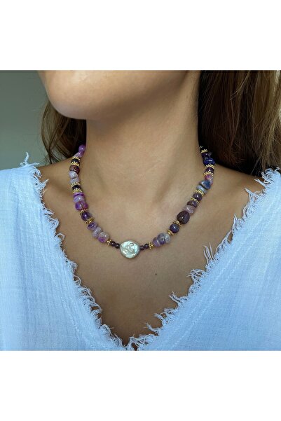 ORFE JEWELRY Gerçek Doğal Barok İncili, Ametist ve Akik Taşlı Kolye