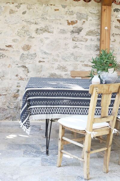 vivamaison Navy Blue Colored Cotton Lace Tablecloth - Tasseled Knitted Design