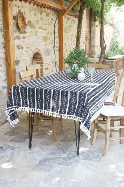 vivamaison Navy Blue Colored Cotton Lace Tablecloth - Tasseled Knitted Design