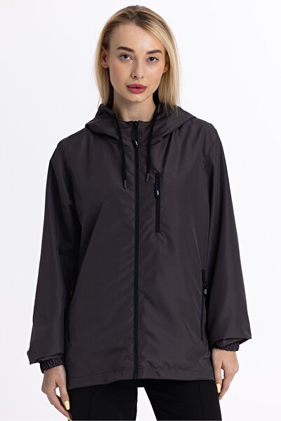 Goccix Жіночий вітрозахисний плащ з капюшоном та кишенями на підкладці антрацитового кольору