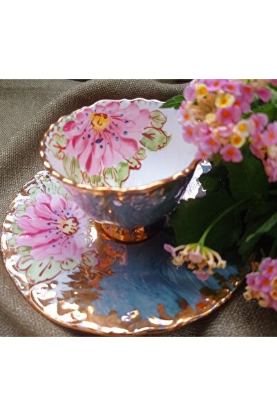 BY.RAYKA PORSELEN El Dekor Çiçekrüyası Porselen El Boyama 2li Kahve Fincanı