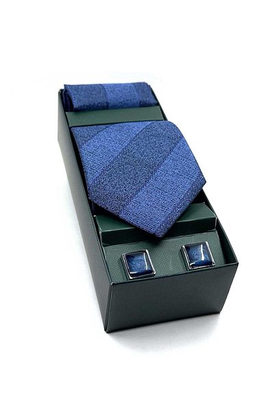 Kravatkolik Navy Blue Gift Set - Necktie and Cufflinks with Handkerchief Os585