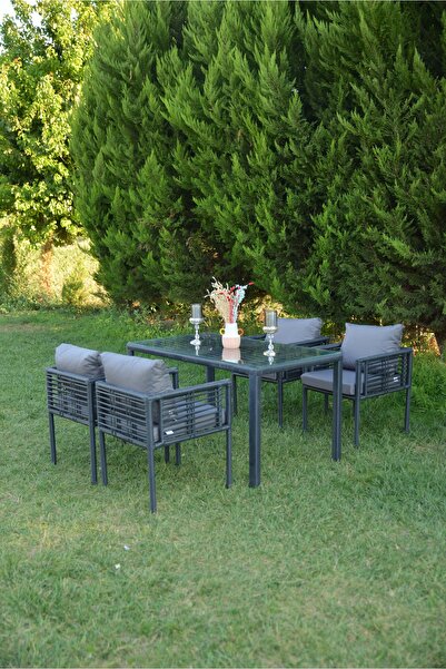 UYSALGARDEN Defne 4 Kişilik Yemek Bahçe Balkon Takımı Antrasit Gri