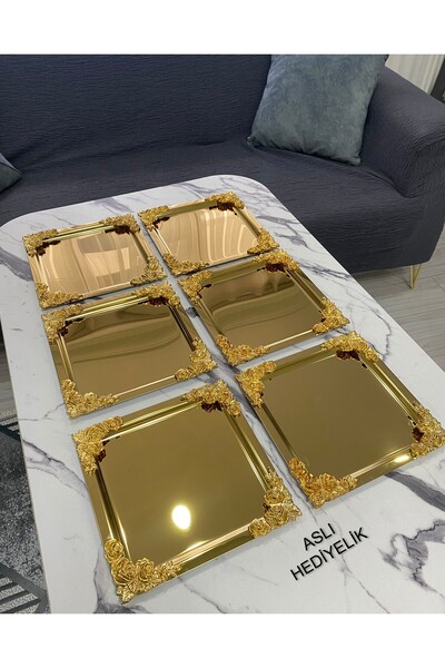 Mira züccaciye 6-Piece Luxury 4-Corner Floral Square Gold Plated Model Tea, Coffee, Catering Presentation Tray 21X21