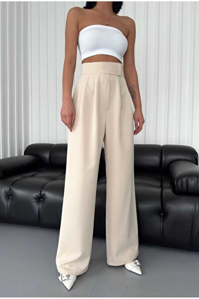 Genel Markalar kadın atlas kumaş cırtlı palazzo pantolon GTS029 - Bej