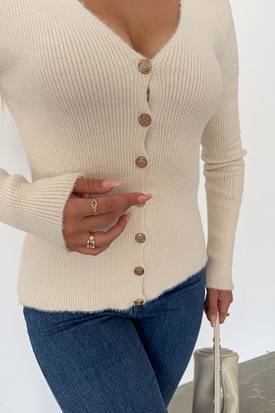 FEMELLE Cardigan de tricotaj de damă bej - nasturi aurii, textura moale, mărime standard