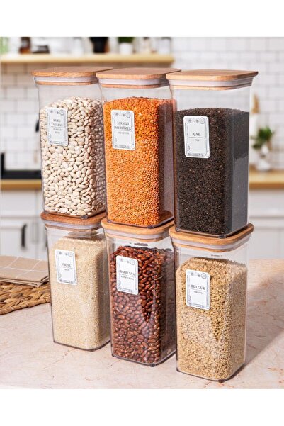 Herevin مجموعة تخزين البقوليات المربعة سعة 1.5 لتر مكونة من 6 قطع - وعاء توابل للمطبخ مع 25 ملصقًا