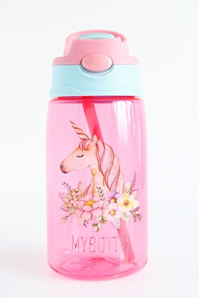 forte luva Pembe Ünicorn Desenli Emzikli 420 Ml Su Matarası