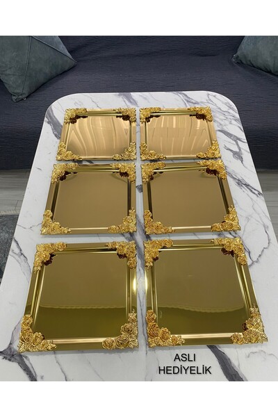Mira züccaciye 6'Lı Lüx  4 köşesi Çiçekli kare Gold Kaplama Model çay,kahve,ikram servis Sunum Tepsisi 21x21