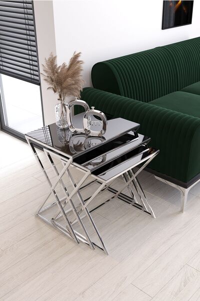 Nies Aksesuar Lüx Kare 3'lü Zigon Sehpa Gümüş Ayak Füme Ayna