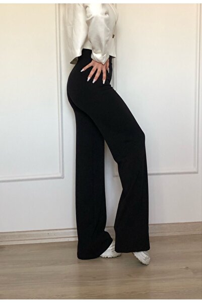 dorsha Pantaloni negri cu talie înaltă modal cu picioare largi pentru femei