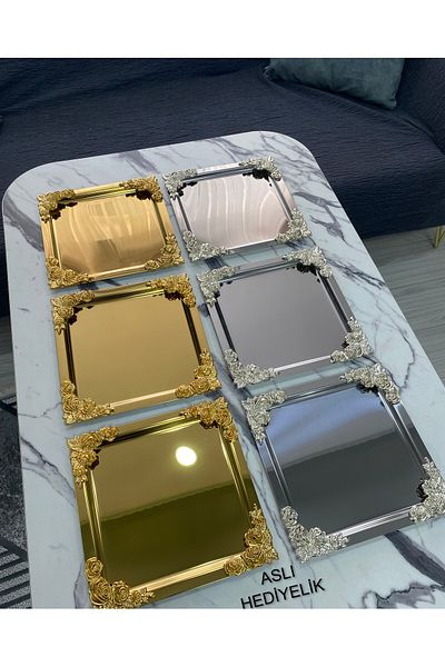 Aslı Hediyelik Luxury Flower Patterned - 4 Corner Presentation Tray, 3 Gold and 3 Silver Plated, Model No: 21x21