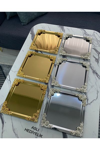 Aslı Hediyelik Luxury Flower Patterned - 4 Corner Presentation Tray, 3 Gold and 3 Silver Plated, Model No: 21x21