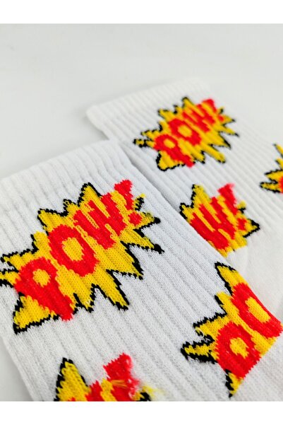 Shuttle Park Бели колежански чорапи - унисекс, цветни шарки, ярки, цветни, енергични шарки