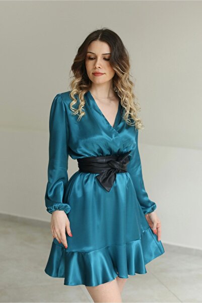 Faselle Deri Kemerli Petrol Rengi Saten Elbise