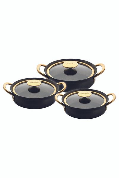 OMS 3724 Bio Granite 6 Piece Healthy Copper Sahan Set - Black Body and Gold Detail