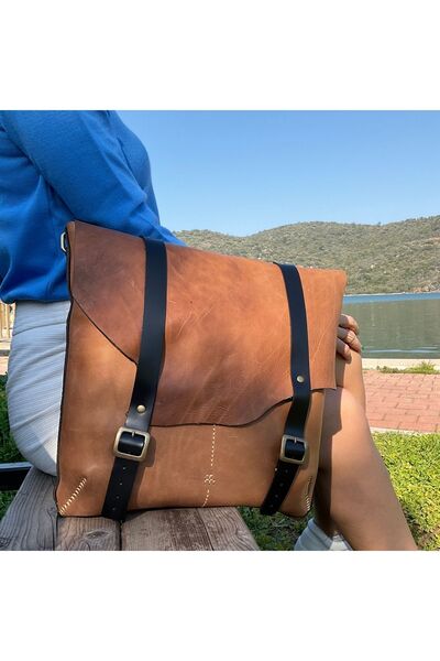 Tuvita Collection Bodrum 100% Genuine Leather Handmade Taba Black Saddle Mess...