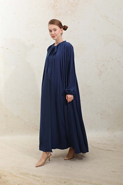 ZÜLAYS Omzu Pileli Fularlı Elbise Lacivert