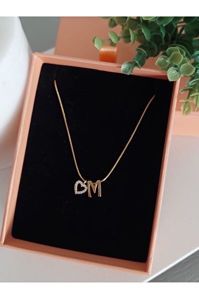 LUCKY ACCESSORIES Çelik Harf ve Zirkon Taşlı Kalp Kolye M  Harfi